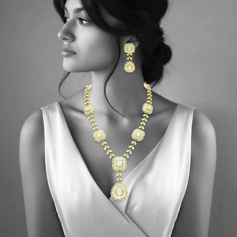 Polki Square Necklace Set with Polki Leaves and Pear Drop